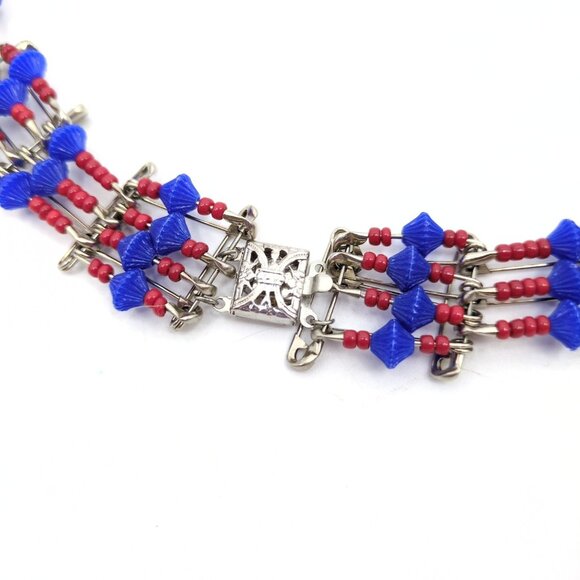 VTG Handmade Native Squash Blossom‎ Crescent Moon Necklace Blue Red Safety Pins - Picture 6 of 9